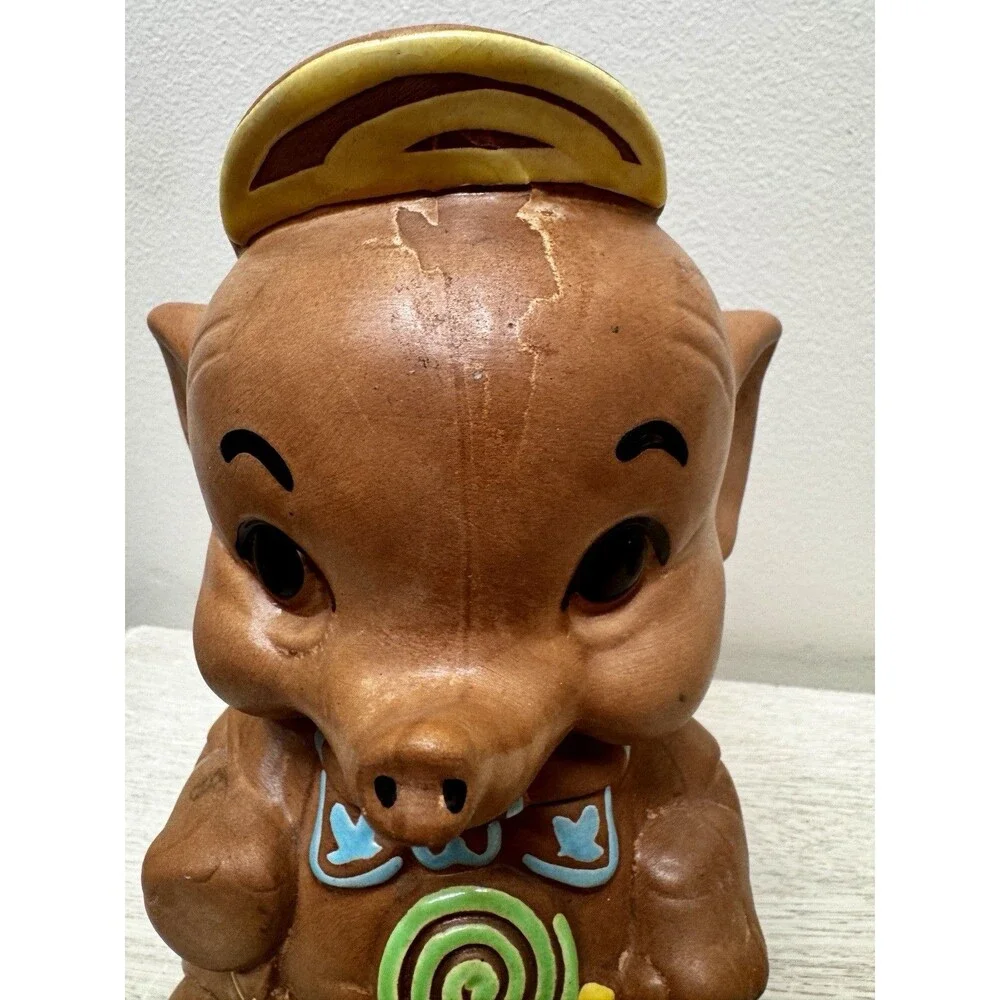 ⁠Vtg Elephant Cookie Jar Anthropomorphic Ceramic Swirl Lollipop Bowtie Basket⁠